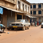 **

"A bustling Togolese street scene, depicting the stark contrast between opulent wealth and impoverished conditions. Focus on the expressions of frustration and yearning of young, unemployed individuals against a backdrop of dilapidated buildings and luxury cars. Symbolism related to corruption should be subtly present."

**