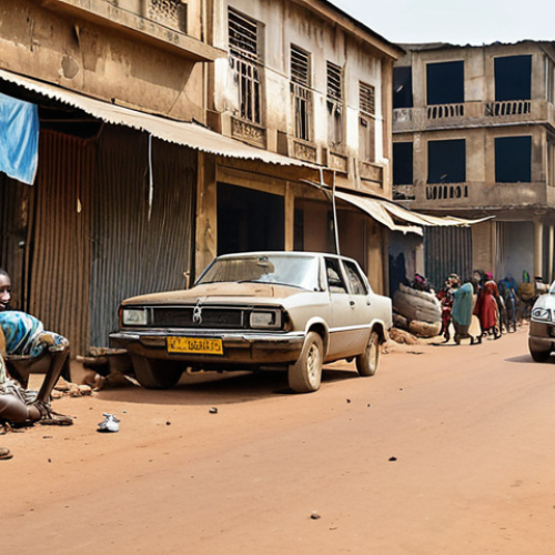 **

"A bustling Togolese street scene, depicting the stark contrast between opulent wealth and impoverished conditions. Focus on the expressions of frustration and yearning of young, unemployed individuals against a backdrop of dilapidated buildings and luxury cars. Symbolism related to corruption should be subtly present."

**