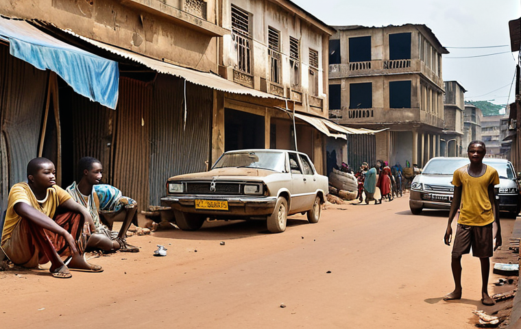 **

"A bustling Togolese street scene, depicting the stark contrast between opulent wealth and impoverished conditions. Focus on the expressions of frustration and yearning of young, unemployed individuals against a backdrop of dilapidated buildings and luxury cars. Symbolism related to corruption should be subtly present."

**