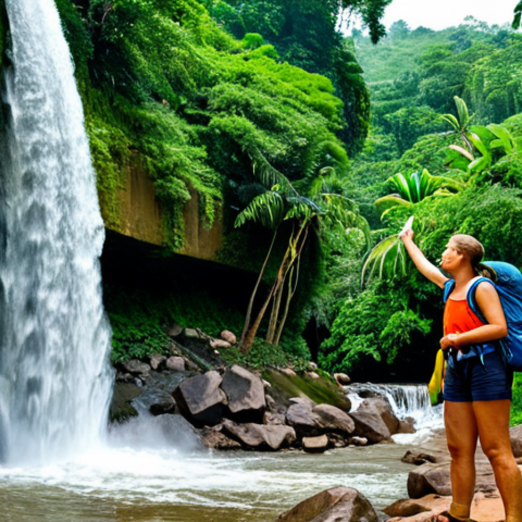 토고의 에코투어리즘 숙소 - Kpime Falls Adventure** "A fully clothed woman hiking near Kpime Falls in Togo, enjoying the refres...