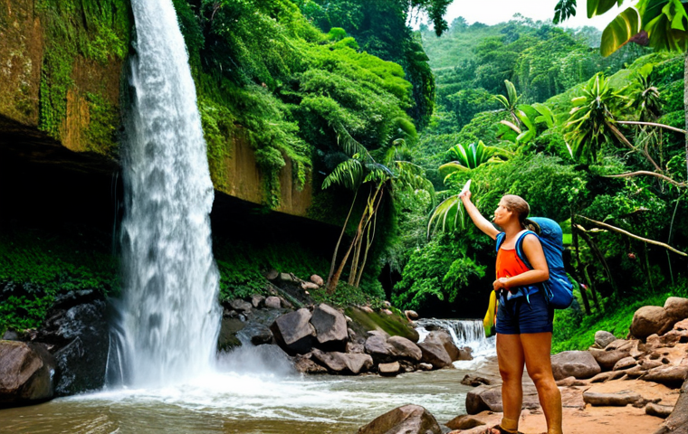 토고의 에코투어리즘 숙소 - Kpime Falls Adventure** "A fully clothed woman hiking near Kpime Falls in Togo, enjoying the refres...