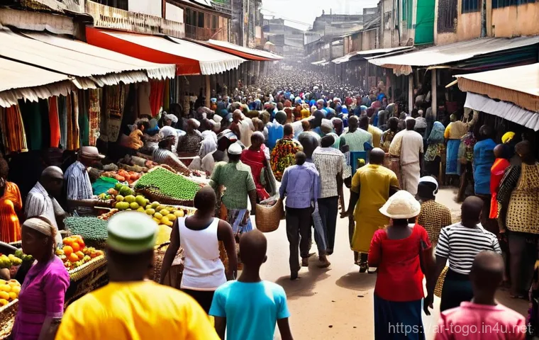 토고 도시와 마을 비교 - **Prompt:** A dynamic and colorful scene in the bustling Grand March&eacute; of Lom&eacute;, Togo. The marketplace...