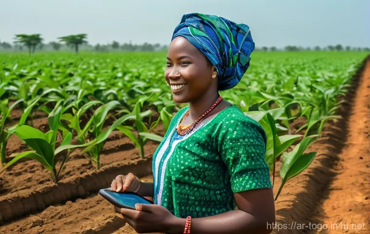 토고의 IT 및 기술 산업 - **Prompt 1: Empowered AgriTech Woman in Togo** "A vibrant, eye-level full shot of a confident yo...