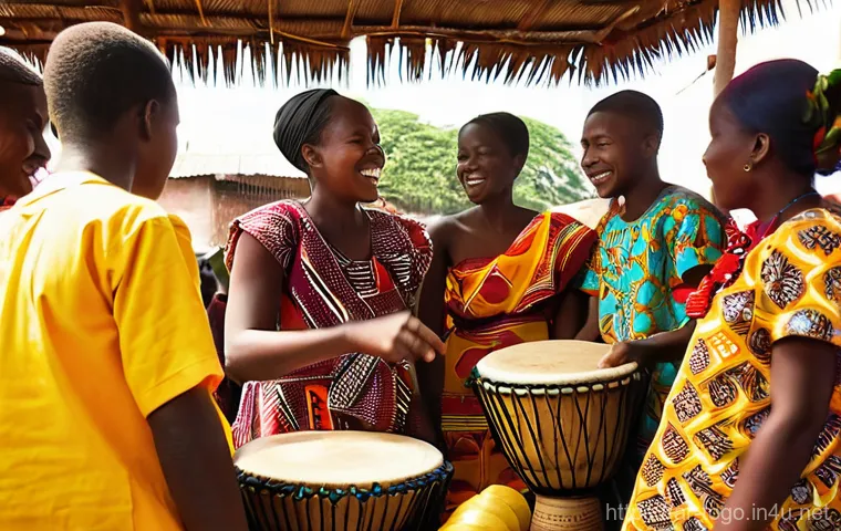 토고 민속춤과 음악 - **Prompt 1: The Vibrant Heartbeat of Togolese Daily Life** "A bustling, vibrant Togolese village...