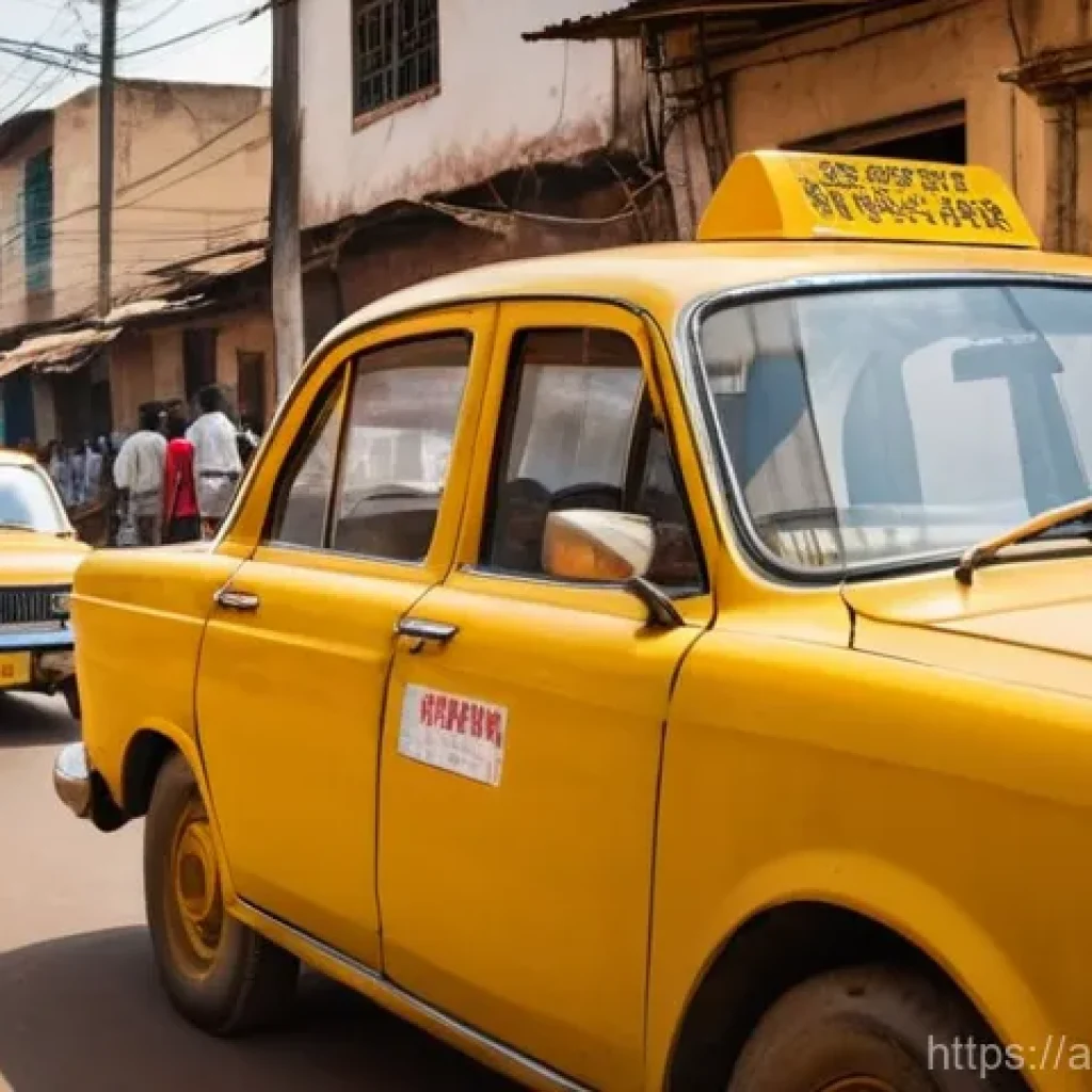 토고의 대중교통 시스템 - **Prompt: "The Heartbeat of Lome: Yellow Taxi Experience"** A vibrant, sun-drenched street scene...