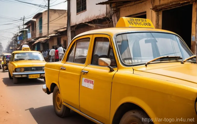 토고의 대중교통 시스템 - **Prompt: "The Heartbeat of Lome: Yellow Taxi Experience"** A vibrant, sun-drenched street scene...