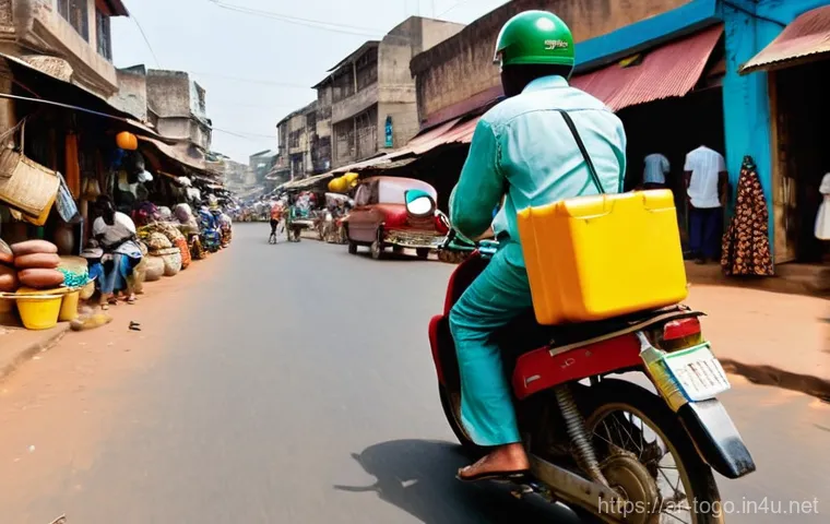 토고의 대중교통 시스템 - **Prompt: "The Heartbeat of Lome: Yellow Taxi Experience"** A vibrant, sun-drenched street scene...
