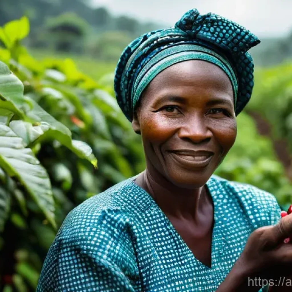 토고 커피 문화 - **Prompt 1: Togolese Coffee Farmer Harvesting Beans** "A candid, sun-drenched photograph of a To...