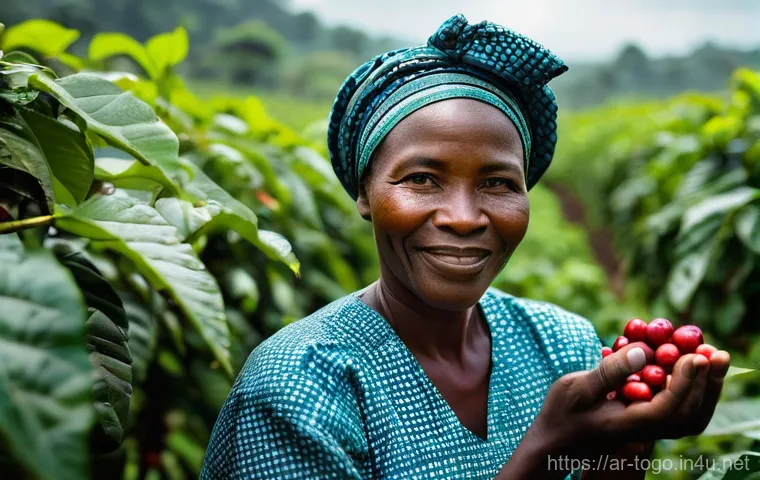 토고 커피 문화 - **Prompt 1: Togolese Coffee Farmer Harvesting Beans** "A candid, sun-drenched photograph of a To...