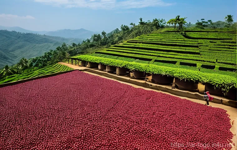 토고 커피 문화 - **Prompt 1: Togolese Coffee Farmer Harvesting Beans** "A candid, sun-drenched photograph of a To...