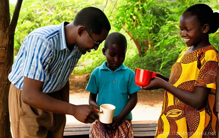 토고 커피 문화 - **Prompt 2: Sun Drying Coffee Beans in Togo** "An aerial or slightly elevated wide shot showcasi...