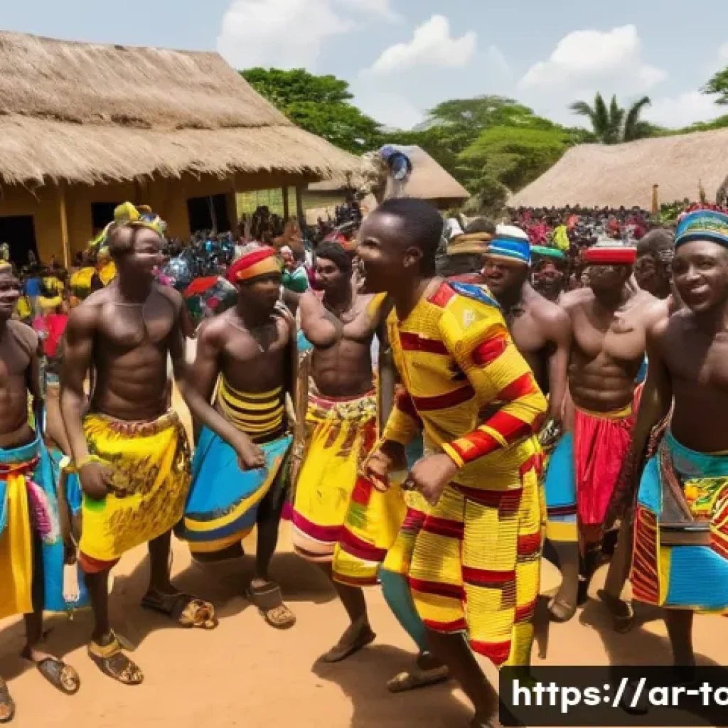 토고의 역사와 전통 의식 - **Prompt:** A vibrant and energetic scene at the "Evala Festival" in Togo, depicting young men in dy...