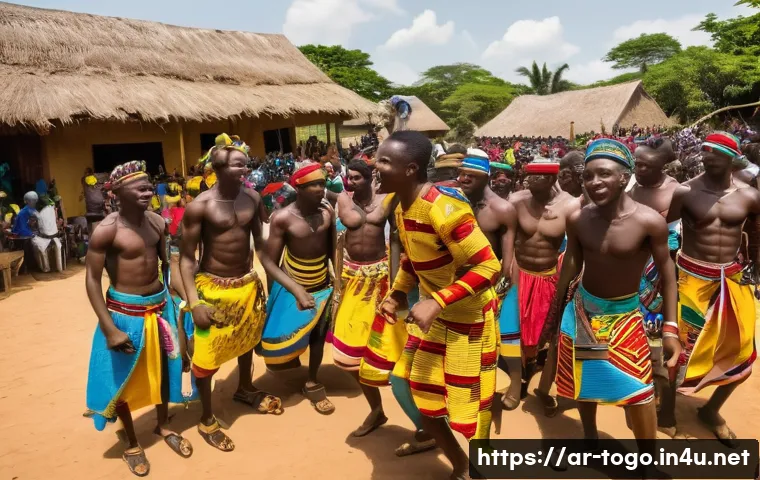 토고의 역사와 전통 의식 - **Prompt:** A vibrant and energetic scene at the "Evala Festival" in Togo, depicting young men in dy...