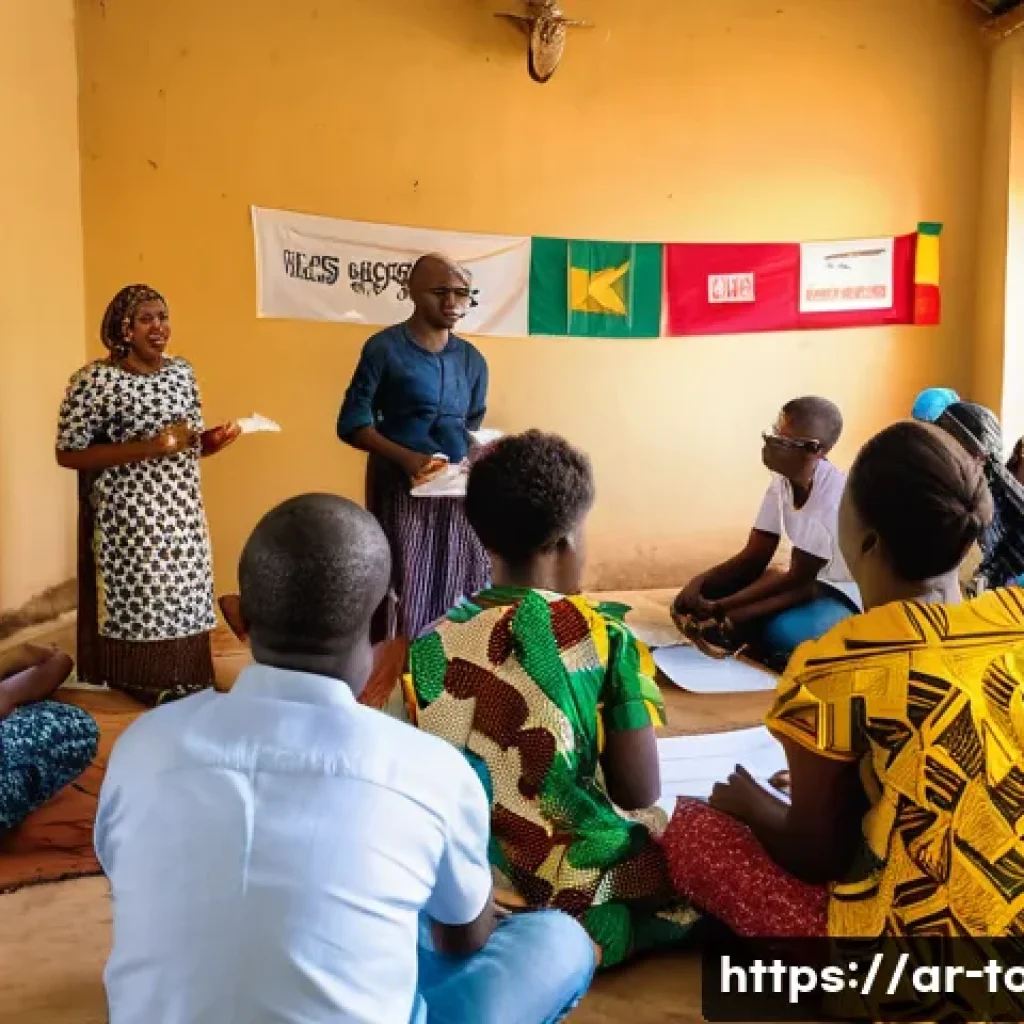 토고의 플라스틱 사용 제한 정책 - A vibrant community workshop scene in Togo featuring diverse men and women of various ages engaging ...
