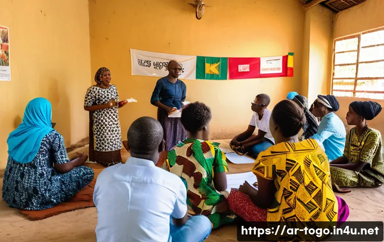 토고의 플라스틱 사용 제한 정책 - A vibrant community workshop scene in Togo featuring diverse men and women of various ages engaging ...