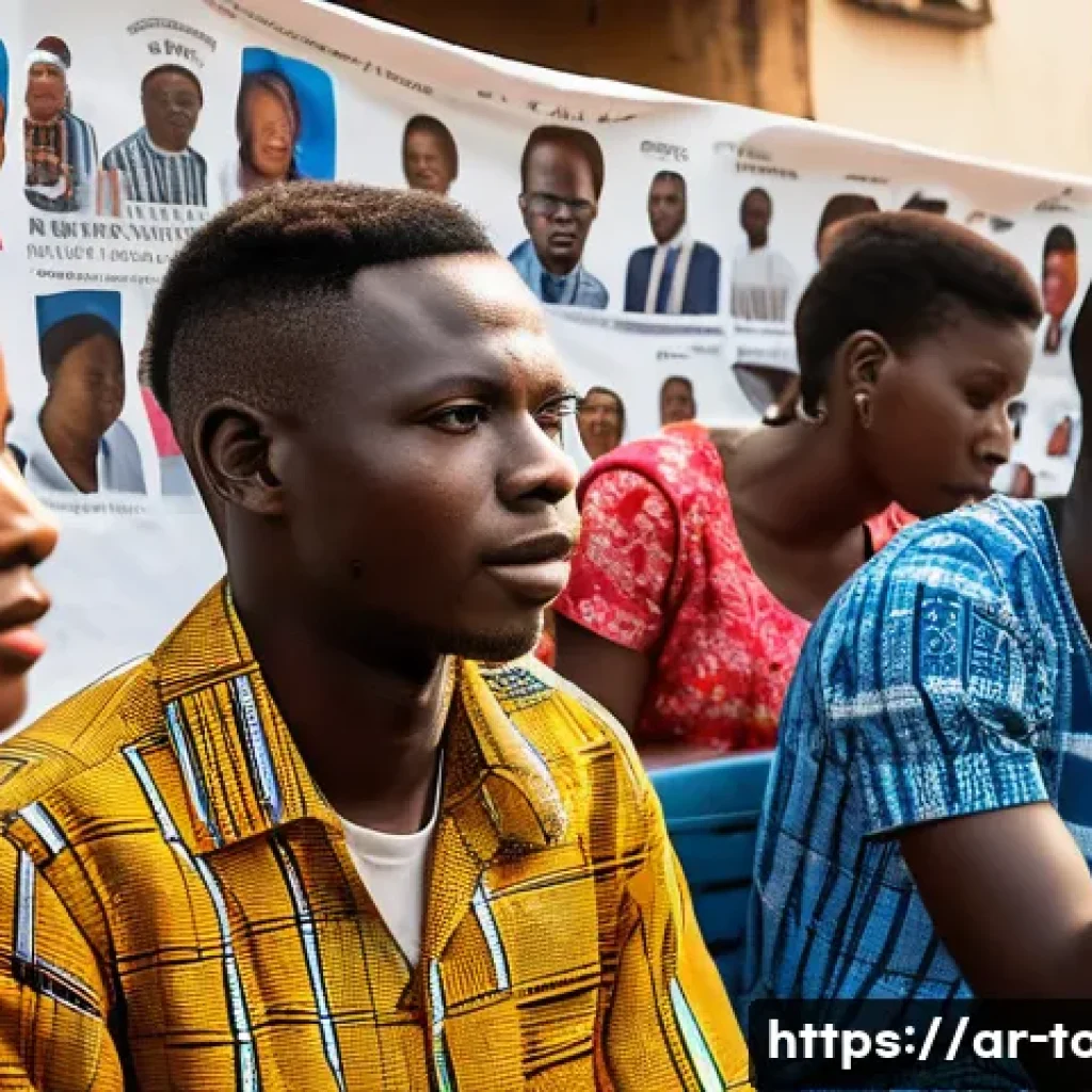 토고의 인권 및 사회 문제 - A detailed street scene in Lomé, Togo, showing a diverse group of young adults and activists using s...