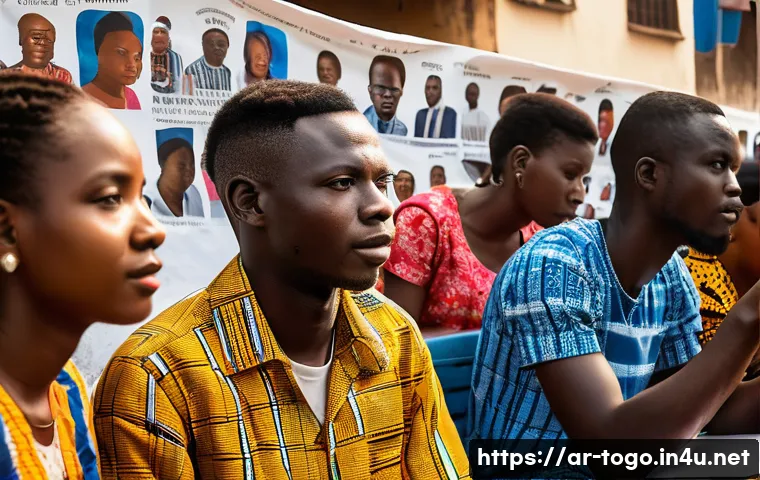 토고의 인권 및 사회 문제 - A detailed street scene in Lom&eacute;, Togo, showing a diverse group of young adults and activists using s...