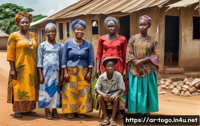 토고 내전 및 분쟁 - A detailed scene depicting a diverse group of Togolese community members&mdash;men, women, and children we...