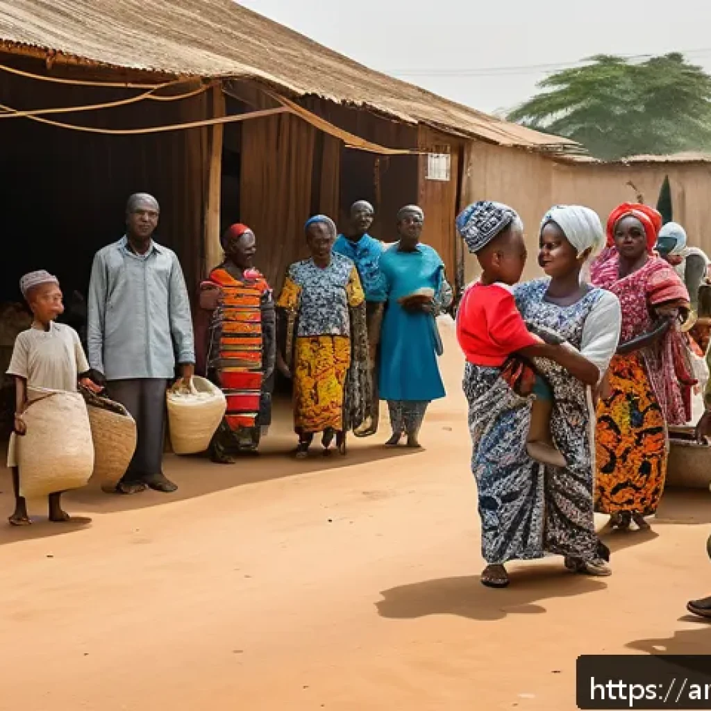 토고와 가나의 국경 문제 - A detailed scene depicting a border village between Togo and Ghana showing local families in traditi...