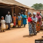 토고와 가나의 국경 문제 - A detailed scene depicting a border village between Togo and Ghana showing local families in traditi...