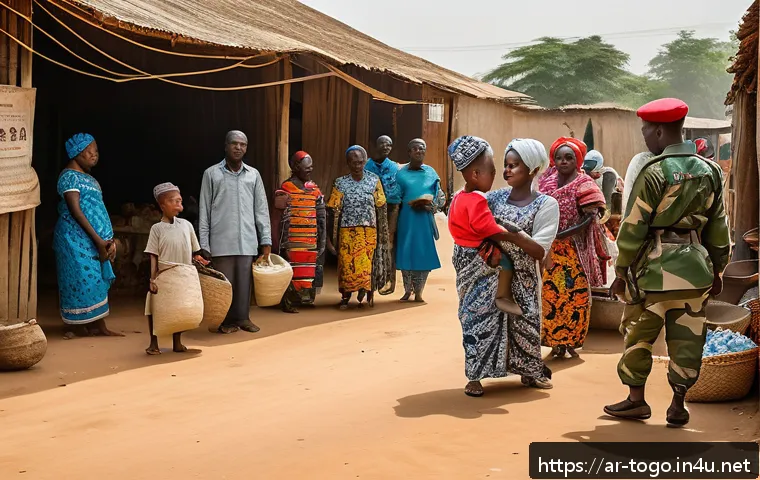 토고와 가나의 국경 문제 - A detailed scene depicting a border village between Togo and Ghana showing local families in traditi...