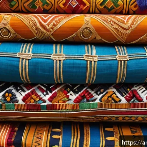 토고의 유네스코 문화유산 - A vibrant scene depicting traditional embroidered fabrics from Togo, showcasing richly colored texti...