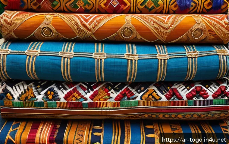 토고의 유네스코 문화유산 - A vibrant scene depicting traditional embroidered fabrics from Togo, showcasing richly colored texti...