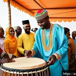 토고의 결혼 문화 - A vibrant traditional Togolese wedding ceremony scene featuring a bride and groom dressed in brightl...