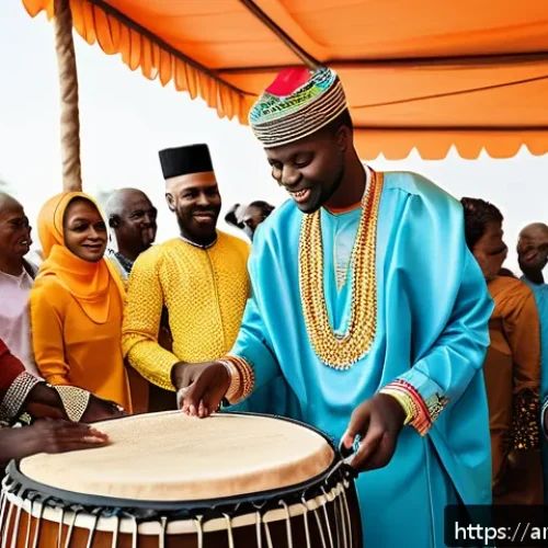 토고의 결혼 문화 - A vibrant traditional Togolese wedding ceremony scene featuring a bride and groom dressed in brightl...