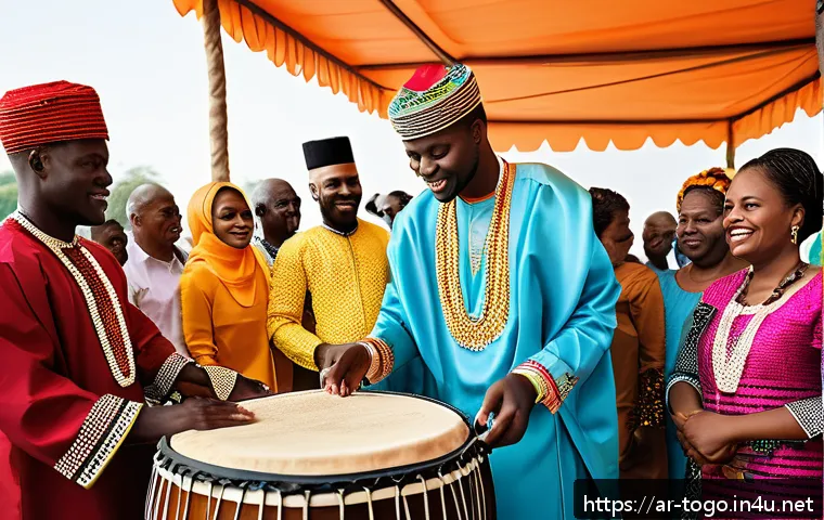 토고의 결혼 문화 - A vibrant traditional Togolese wedding ceremony scene featuring a bride and groom dressed in brightl...