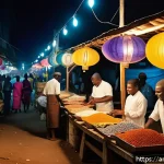토고의 야시장 탐방기 - A vibrant night market scene in Togo featuring narrow alleys illuminated by multicolored lights cast...
