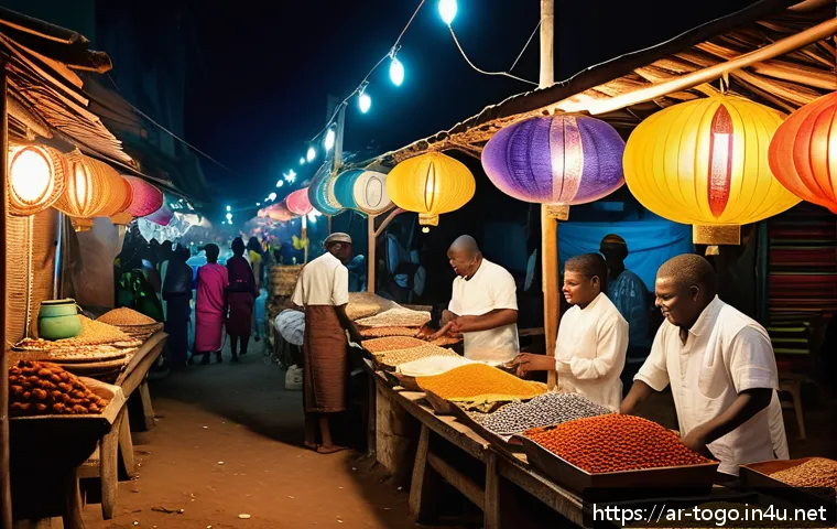 토고의 야시장 탐방기 - A vibrant night market scene in Togo featuring narrow alleys illuminated by multicolored lights cast...