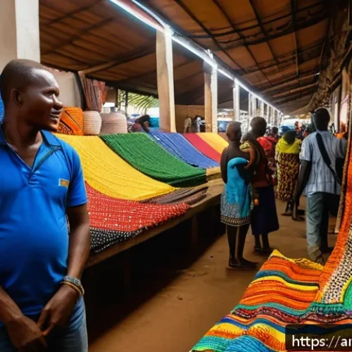 토고의 이색 체험 여행 추천 - A vibrant scene inside the bustling Lom&eacute; Central Market in Togo, showcasing colorful handmade textil...