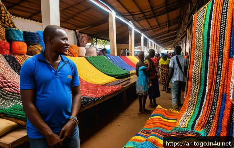 토고의 이색 체험 여행 추천 - A vibrant scene inside the bustling Lom&eacute; Central Market in Togo, showcasing colorful handmade textil...
