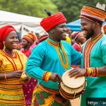 토고의 축제 및 공휴일 - A vibrant Togolese cultural celebration scene featuring men, women, and children dressed in colorful...