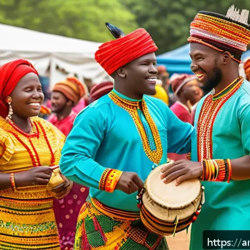 토고의 축제 및 공휴일 - A vibrant Togolese cultural celebration scene featuring men, women, and children dressed in colorful...