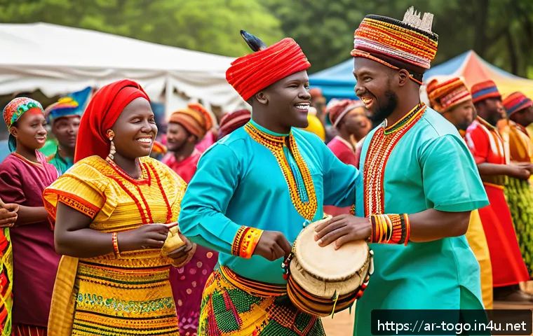 토고의 축제 및 공휴일 - A vibrant Togolese cultural celebration scene featuring men, women, and children dressed in colorful...