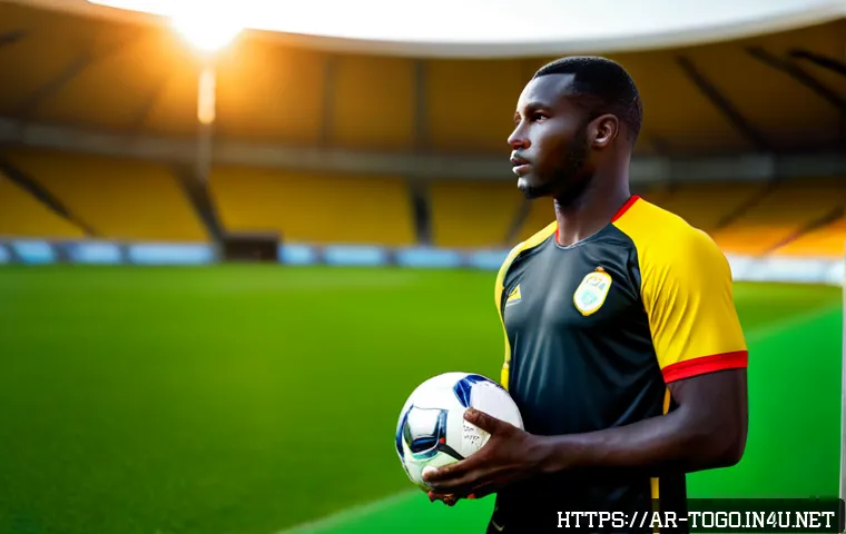 토고 출신 스포츠 스타 - Photorealistic editorial portrait of a celebrated Togolese football star in a modern stadium, confid...